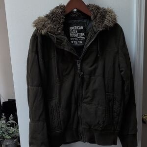 American Eagle Outfitters Men's Olive Puffer Jacket with Faux Fur Hood